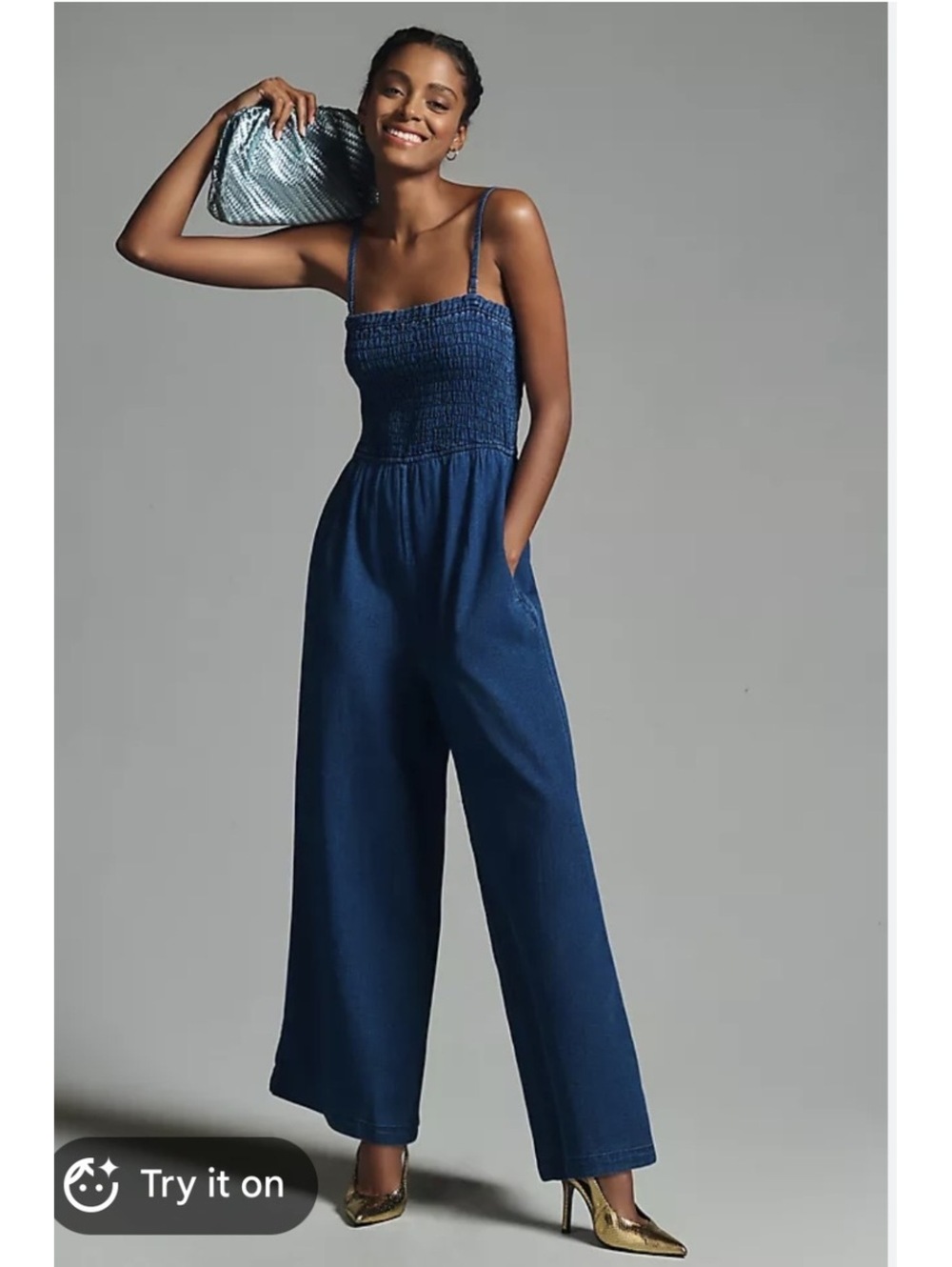 Anthropologie denim rouched jumper with pockets